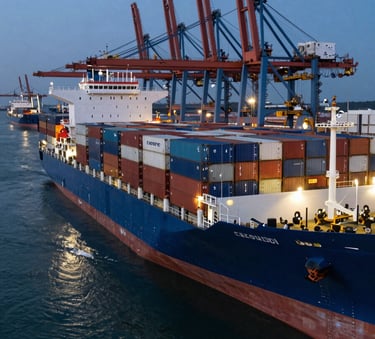 A high-angle professional photograph of a large blue container ship at a modern automated port terminal during blue hour, featuring dark navy and steel blue reflections on the water.