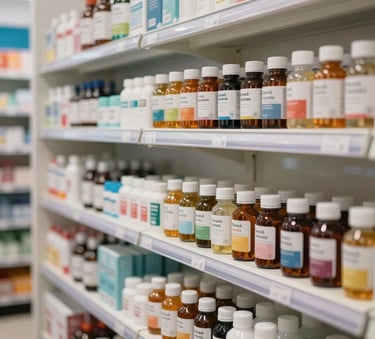 A well-organized display of natural vitamins and skincare products on clean shelves in a bright, modern pharmacy in Cali, Colombia. Warm, natural lighting with soft Steel Blue accents in the background.