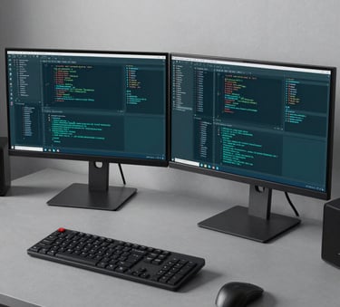 A high-end dual monitor setup in a modern North American / US creative studio showing complex web development code, with bright teal highlights on the screens and a slate gray desk.