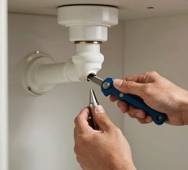 A focused close-up of a professional plumber's hands using a tool to unblock a modern kitchen pipe, professional lighting with soft off-white and sky blue tones.