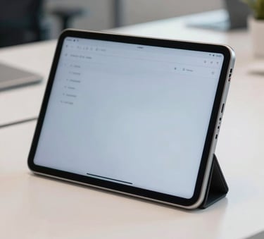 A close-up of a professional tablet display in a bright, modern North American office setting. The lighting is soft blue and off-white, highlighting a clean workplace environment.