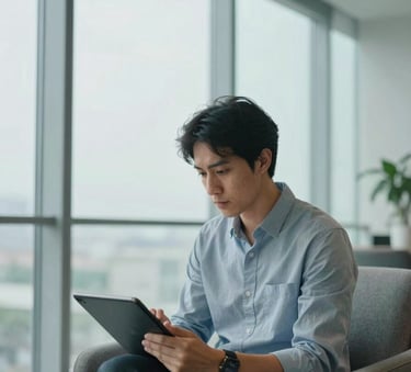 A focused professional person wearing business casual attire, working on a tablet in a bright, modern office lounge with floor-to-ceiling windows, soft teal and gray accents, Global / International.