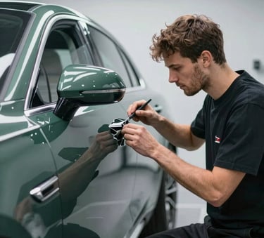 A high-end automotive body shop in London. A technician is meticulously repairing the side panel of a luxury car. The environment is clean, professional, and well-lit with industrial overhead lights. Incorporates deep greens and clean metallic surfaces reflecting the brand's efficient mood.