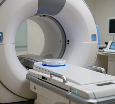 A close-up photograph of a high-tech diagnostic diagnostic scanner in a North American medical facility, featuring sleek metallic surfaces and soft blue light accents.