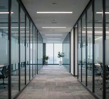 A sharp, clear photograph of a modern office hallway in North America, featuring glass walls and sophisticated lighting, using cool gray and navy blue tones.