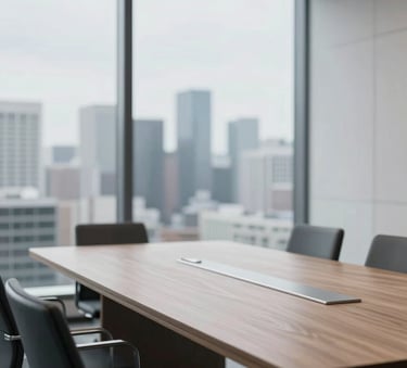 A minimalist and modern boardroom interior with a large oak table and silver details, looking out over a metropolitan horizon, echoing the colors #AAB7B8 and #5D6D7E.