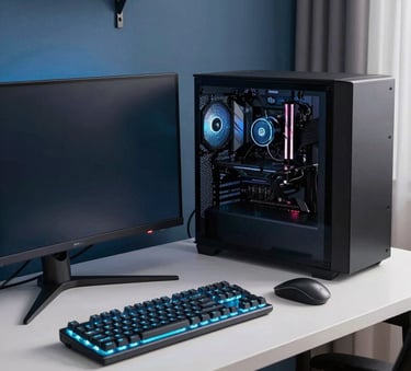 A wide, professional photography shot of a sleek PC gaming setup in a modern International / Global apartment. The desk is organized, with sky blue keyboard backlighting and a high-end monitor. Sophisticated atmosphere with dark slate blue accents.