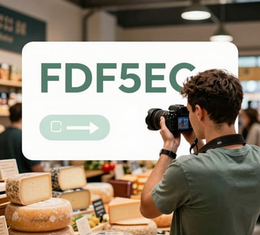 A modern food market interior with high industrial ceilings and warm lighting. In the foreground, a Pomodoro team member is seen from the back, holding a professional camera and capturing the vibrant colors of an artisanal cheese stall. Mood is professional, artistic, and warm, featuring #FDF5E6 and #2D543B tones.
