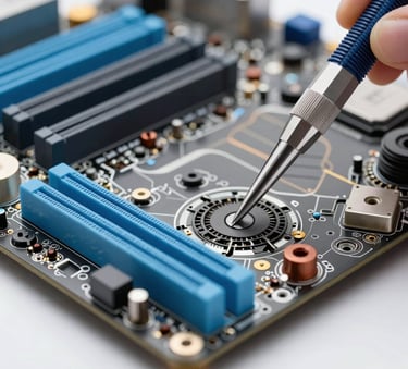 A macro, high-detail photograph of a computer motherboard being repaired with precision tools, bright and clean lighting, steel gray and sky blue accents, European / Portuguese technical environment.