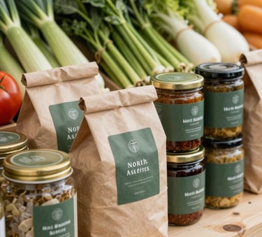 A vibrant North American artisanal food market scene. Focus on a market stall showcasing organic vegetables and jarred goods with clean, modern branding. The aesthetic is sophisticated yet approachable, using Crisp Parchment paper wrapping and Matte Forest Green labels.