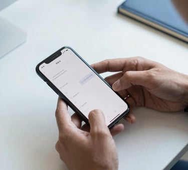 A high-angle photography shot of a developer's hands using a smartphone to manage a complex task, situated in a minimalist North American workspace with blue and white accents.