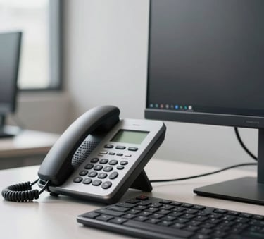 Clean and minimalist close-up of a modern workstation in a Brazilian office setting. Soft morning light, featuring a sleek telephone system and a high-resolution monitor, reflecting professionalism and technological advancement.