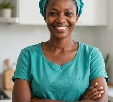 A Southern African professional domestic worker in a bright, modern South African kitchen setting, smiling with confidence, high-quality photography with soft natural lighting and teal accents.