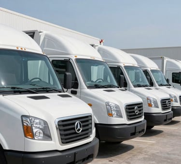 A fleet of modern, clean white commercial delivery trucks parked in a row at a professional North American logistics center during a clear day, projecting reliability and scale.
