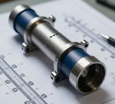Macro photography of a printed technical pipe spool drawing resting on an engineering desk, with a professional steel blue and deep navy color palette.