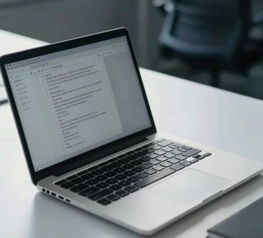 A close-up photograph of a professional laptop on a clean white desk in a sunlit North American office, representing a high-tech business environment with soft blue tones.