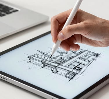 A close-up photograph of a professional using a stylus on a high-end Android tablet to design an architectural sketch. The scene is set in a bright, modern studio in a North American city. The lighting is soft and natural, emphasizing the sleek Near White and Light Blue tones of the device and workspace.