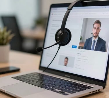 A professional desk setup in a Brazilian office featuring a high-end headset and a clean laptop display, reflecting a modern and efficient tele-attendant environment.