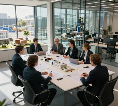 A high-angle professional photograph of a large-scale industrial project meeting in a modern Western European glass office. A clean workspace with blueprints and architectural models, illuminated by natural daylight and soft medium blue accent lighting.