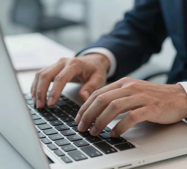 Close-up of a professional in a modern North American office typing on a laptop, with a focus on their hands, bright and clean composition with light blue accents.