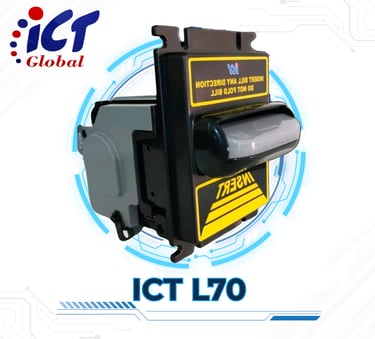 ICT L70 bill acceptor for vending machines with insert stickers and black bezel.