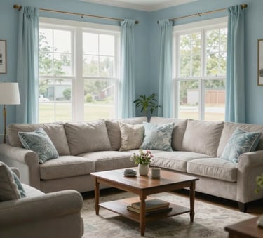 A wide shot of a peaceful and safe North American / US residential living room with soft pale blue decor and large windows letting in bright natural light, conveying peace of mind.