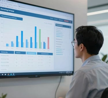A focused marketing strategist in a modern North American / US office looking at a large wall-mounted screen displaying digital metrics, room illuminated with soft Steel Blue and Cloud White light.
