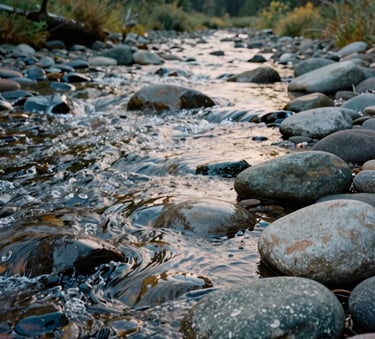 A close-up of smooth river stones in a clear running stream near Redmond, Oregon, reflecting the afternoon light, captured in a serene North American / US landscape setting with pine green and muted sage tones.