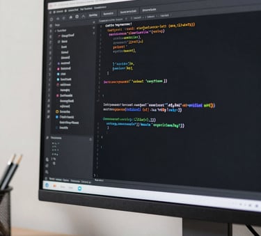 A close-up of a high-resolution computer monitor displaying clean lines of programming code in a dark mode editor, situated in a brightly lit office with soft off-white walls.