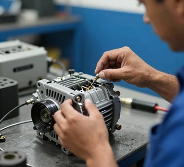 A technician's hands repairing a car alternator on a professional workbench in a South American / Brazilian auto shop. Natural light, professional setting, with medium blue accents in the background.