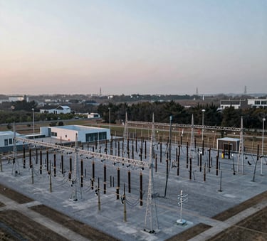 Aerial view of a modern substation and power lines at dawn, clean lines, professional photography, cool morning light with #0B1A2A and #A8C6CF color palette.