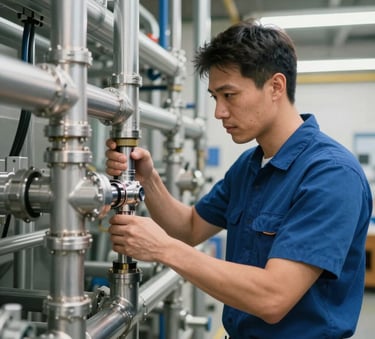 A focused plumber in a professional uniform installing heavy-duty commercial piping in a modern mechanical room, bright industrial lighting, North American / US commercial setting, clean and professional atmosphere.