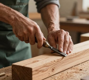 A detailed close-up of a woodworker's hands using a chisel on a reclaimed oak beam. The scene is set in a cozy workshop in Itatiba, with warm lighting hitting the wood grains. Touches of #3D5C4B green are visible in the artisan's apron against the #F5F5EC walls.