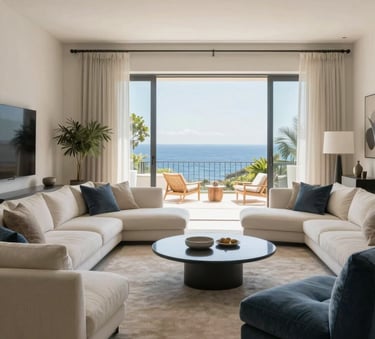 Wide interior shot of a spacious, high-end living room with contemporary furniture in off-white and muted blue tones, overlooking a terrace in Southern Europe.