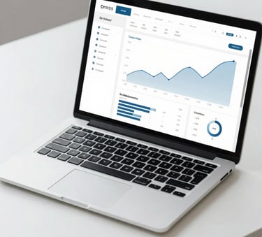 A close-up, high-angle shot of a minimalist workstation featuring a clean laptop screen displaying professional financial dashboards and charts. The lighting is bright and clear, incorporating corporate tones of #1A2C3F and #B0C5CD. The style is sharp and modern, emphasizing precision and trust.