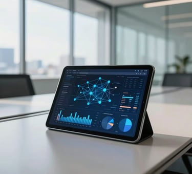 A sophisticated digital tablet display showing real-time business analytics and network connectivity graphs in a modern, sunlit Brazilian boardroom, clean glass and steel aesthetics, natural daylight, soft blue tones.