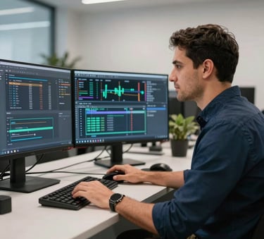 A professional South American / Brazilian IT specialist working with multiple monitors displaying data streams in a modern navy and light gray office environment.