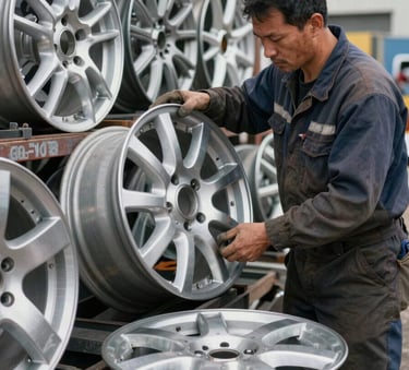 A professional action shot of an industrial worker in a North American salvage yard inspecting high-quality aluminum rims. The lighting is crisp and clear, highlighting the metallic textures of the silver and grey parts.