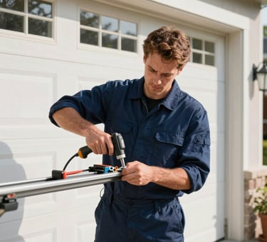 A professional technician in a navy blue uniform repairing a garage door track in a North American / US residential garage, focused composition, bright morning sunlight, professional tools.