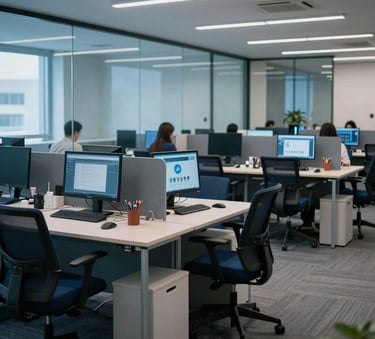 A wide shot of a modern, organized Brazilian call center workspace. Glass partitions, ergonomic chairs, and advanced technology. The atmosphere is professional and calm, with a palette of alice blue and navy tones.