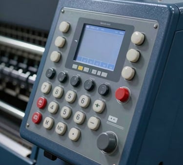 A close-up photograph of a modern industrial printing machine control interface, featuring tactile buttons and a digital display, set against a deep slate blue machine body, sharp focus, professional industrial lighting.