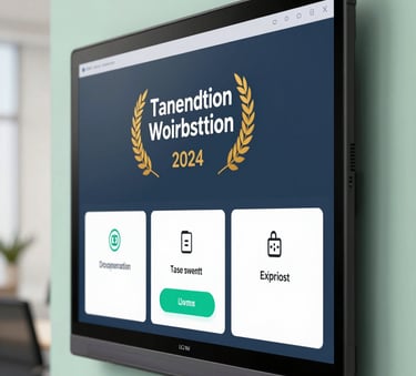 A close-up of a sleek, high-definition smart interactive board displayed in a bright, professional office with soft mint green accents and warm off-white lighting.