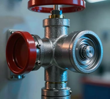 A close-up photograph of a modern fire suppression sprinkler head installed in a clean, industrial Southeast Asian facility. The lighting is crisp, highlighting the metallic textures, with subtle Deep Ripe Crimson and YInMn Blue lighting accents in the background.