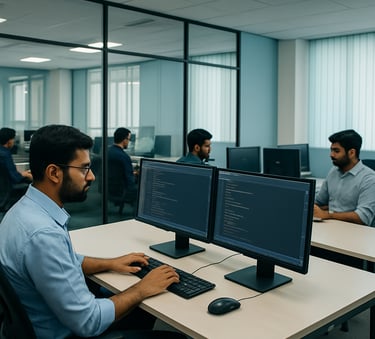 A minimalist tech office in Bangalore, South Asian / Indian software engineers working on dual-monitor setups, clean glass partitions, aesthetic includes light blue and off-white tones.