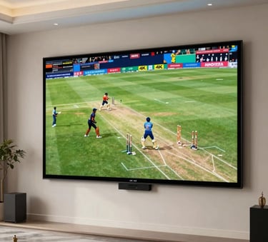 A high-end home theater in a modern house with Global / Indian-influenced decor, showing a large screen displaying a vivid live cricket match in 4K resolution, cinematic lighting with soft off-white and deep blue tones.