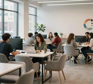 Photography of a spacious open-concept cowork area in Minneapolis, featuring comfortable seating and collaborative workstations, North American / US professional environment, vibrant community spirit, soft natural lighting and off-white and light grey tones.
