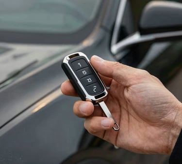Close-up of a professional technician's hand holding a modern electronic car key fob next to a sleek black luxury vehicle, professional lighting with gold highlights (#D4AF37) and a modern automotive aesthetic.