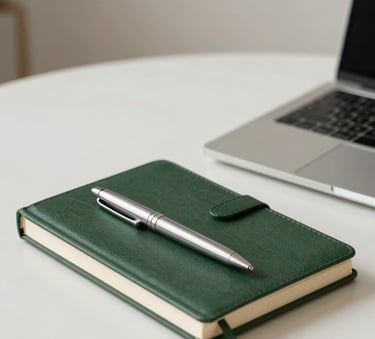 A close-up photograph of a clean, minimalist desk with a luxury dark forest green notebook, a high-quality silver pen, and a sleek laptop, bathed in natural soft light against an off-white wall.
