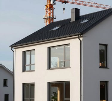 Detailed photography of a premium residential construction project in a Northern European / Finnish suburban setting. Modern architecture with clean lines and large windows. The scene shows a house frame nearing completion with sharp focus, featuring soft off-white walls and deep charcoal roofing. A single bright orange crane stands in the background under a clear, bright sky.