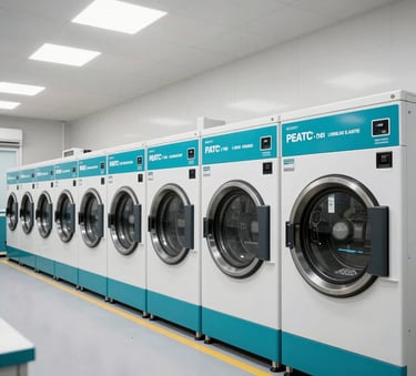 A wide, bright shot of a modern laundry facility in Porto-Vecchio with high-tech machines and teal blue accents, clean and organized, Southern European / Corsica.